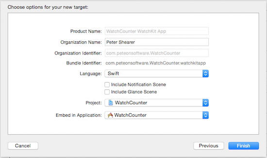 Xcode WatchKit Target Options