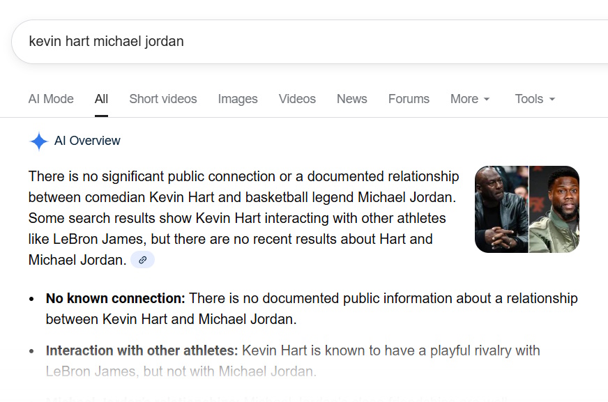 Google's Horrible AI Overview in response to my query about Kevin Hart and Michael Jordan