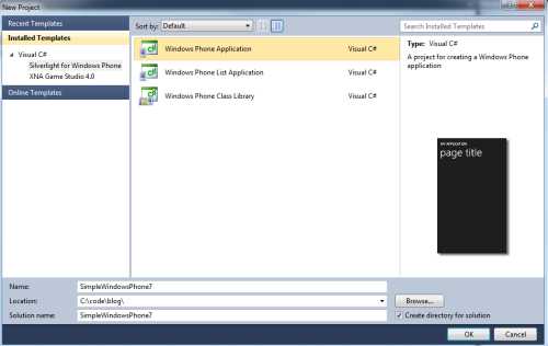 Windows Phone File New Project